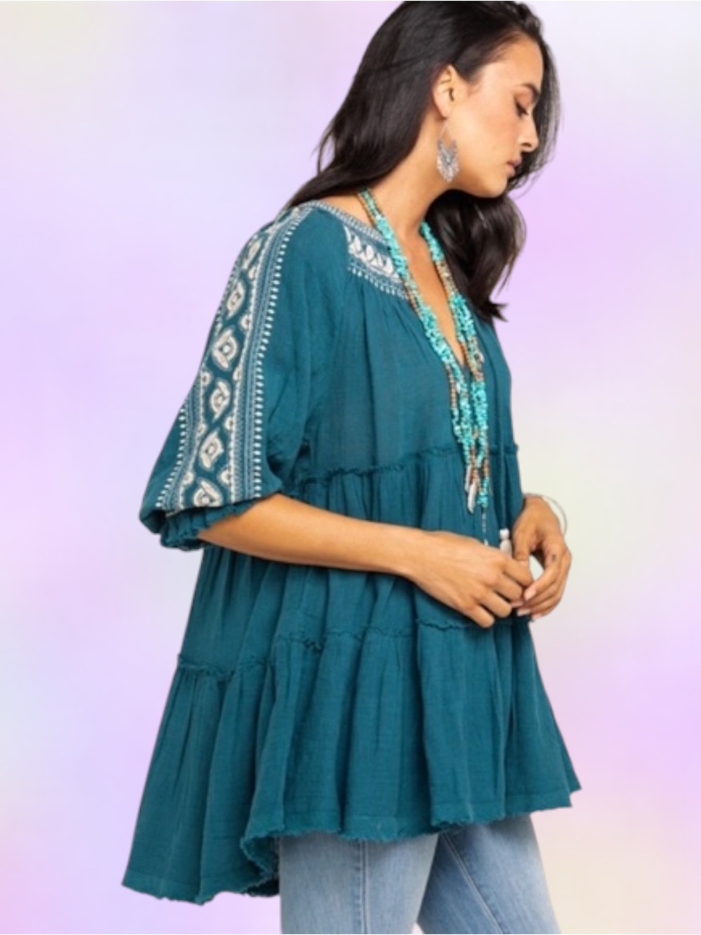 Free People Teal Dreamweaver Embroidered Flowy Tunic Top / Dress - Sz Large EUC - Picture 3 of 11